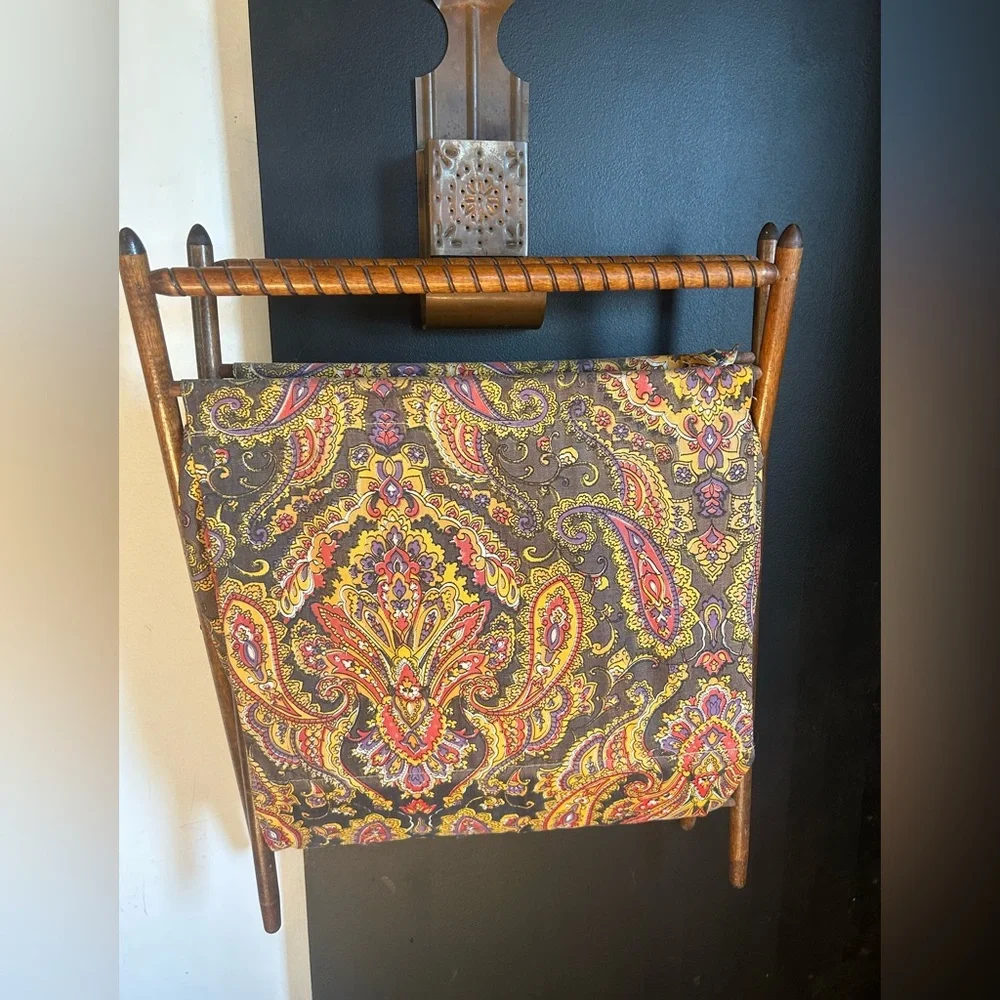 Vintage Boho Yarn Caddy Wooden Cotton Paisley Carryall